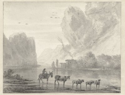 Paesaggio fluviale roccioso con un pastore con il suo bestiame e pecore da Hendrik van der Straaten