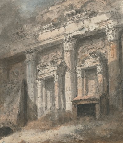 Facciata di un tempio romano in rovina (?), con colonne e portale da Heneage Finch fourth Earl of Aylesford