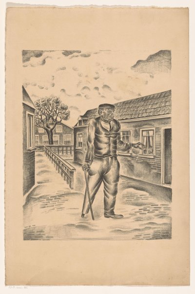 Uomo con gamba di legno e bastone in una strada di paese da Henk Henriët