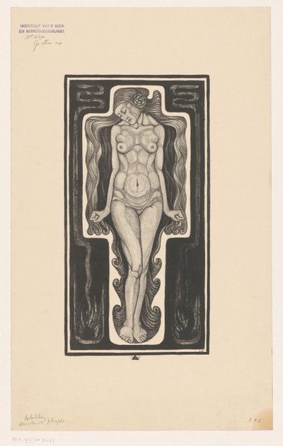 Donna nuda in piedi con capelli lunghi da Henk Schilling