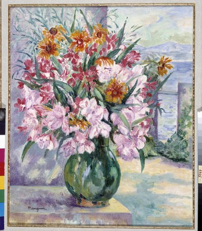 Vaso di fiori sulla terrazza di fronte al mare 1941 da Henri Charles Manguin