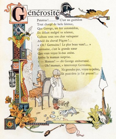 Lettera G Generosità - Gendarme Gru Gruppo Vespa Godets Giroflée Zucca Rana - Incisione in "Alphabet des bons exemples" - Jules Levy, editore - Illustrazioni di Henri Boulanger, alias Henri Gray (1858-1924). Testi (poesie) di Mme P. Boulanger da Henri (1858 1924) Gray