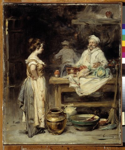 La cucina: un cuoco e una cameriera in cucina da Henri Adrien Tanoux