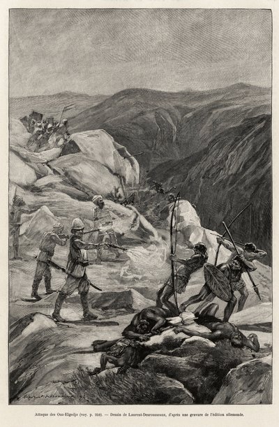 Attacco di Oua-Elgedjo. Incisione di Laurent Desrousseaux per illustrare la storia "Au secours d