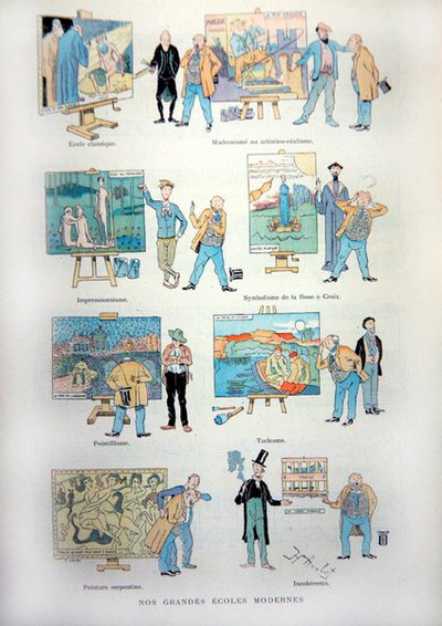 Cartone animato che prende in giro le varie scuole di arte moderna e pittura alla fine del XIX secolo, da 