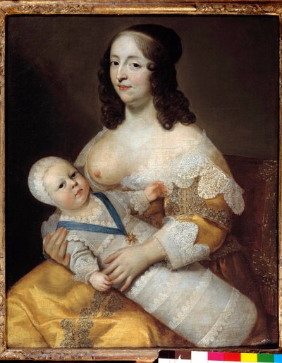 Rappresentazione del futuro re Luigi XIV (1638-1715) bambino, in costume da bagno tra le braccia della sua nutrice Marie de Longuet de la Giraudiere da Henri Beaubrun