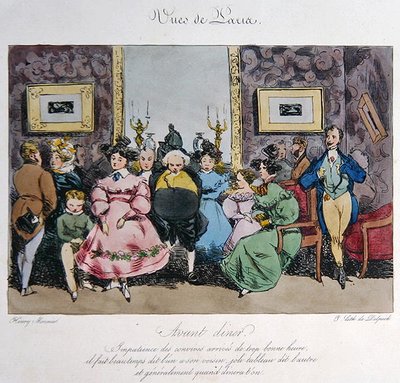 Raffigurazione umoristica del comportamento e della conversazione degli ospiti prima di cena, inciso da François Séraphin Delpech da Henri Bonaventure (after) Monnier