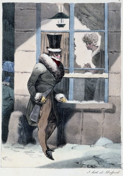 Uomo curioso che guarda fuori dalla finestra dentro una casa: "Ognuno trova il suo piacere dove lo trova" - in "Les pastemps" di Henri Monnier, ed. Delpech, Parigi da Henri Bonaventure Monnier