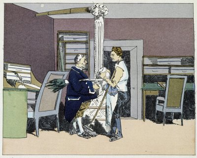 Otto ore: pulizia degli uffici e discussione politica tra fattorini - in "Administrative morals" di Henri Monnier da Henri Bonaventure Monnier