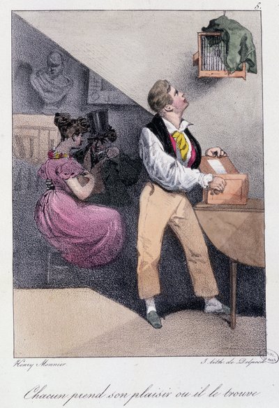 Uomo che alleva uccelli mentre sua moglie lo tradisce: "Ognuno prende il suo piacere o lo trova" - in "Les pastemps" di Henry Monnier, ed. Delpech, Parigi, v.1830 da Henri Bonaventure Monnier