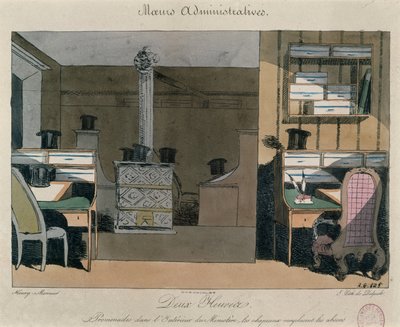 Scena in un ufficio parigino durante la pausa pranzo, c.1830 (incisione a colori) da Henri Bonaventure Monnier