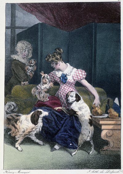 Ragazza con cani: "Everyone takes his pleasure where he finds him" - in "Les pastemps" di Henri Monnier, ed. Delpech, Parigi da Henri Bonaventure Monnier