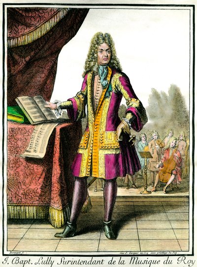 Ritratto a figura intera di Jean Baptiste Lully (Giovanni Battista Lulli) (1632-1687) Sovrintendente della Musica del Re. Incisione di Henri Bonnart da Henri Bonnart