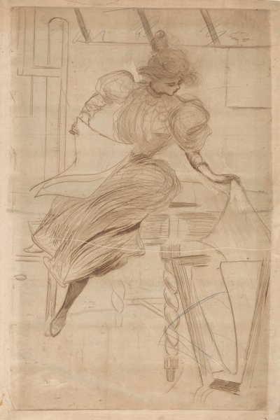 Donna che guarda stampe in un supporto per stampe da Henri Boutet (possibly)