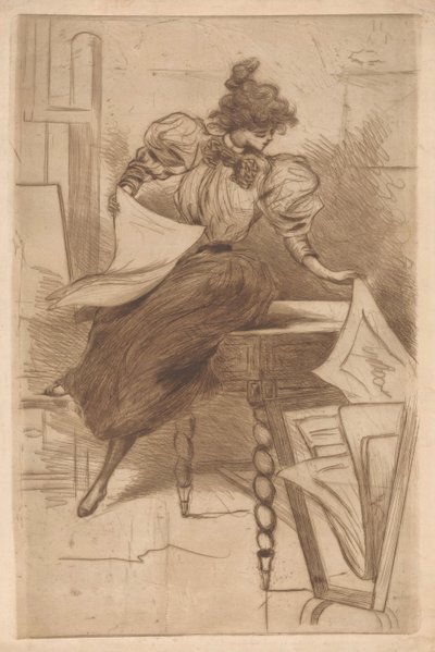 Donna che guarda stampe in un supporto per stampe da Henri Boutet (possibly)