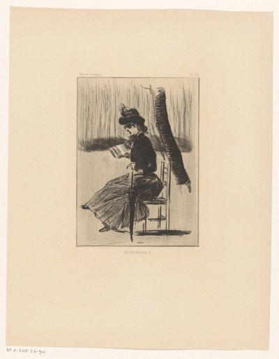 Donna con un libro e un ombrello su una sedia all