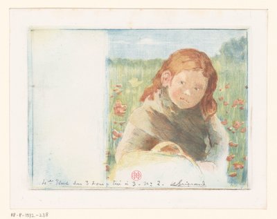 Ragazza con cesto in un prato fiorito da Henri Charles Guérard (signed by artist)