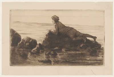 Ragazzo sdraiato su rocce sulla spiaggia da Henri Charles Guérard
