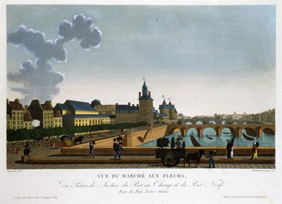 Vista del mercato dei fiori, ponte di scambio e nuovo ponte - in Vues de Paris di Courvoisier da Henri Courvoisier Voisin