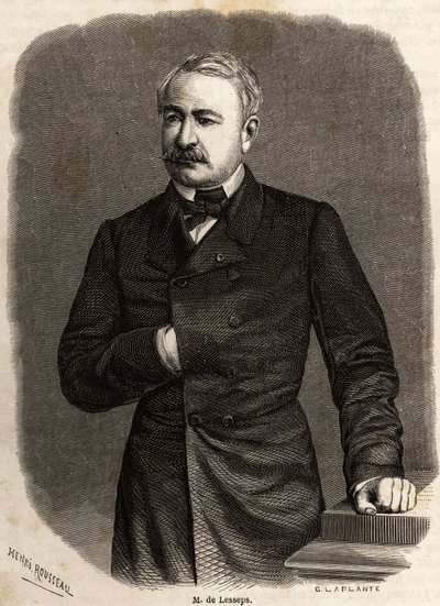 Ritratto di Ferdinand de Lesseps, diplomatico e imprenditore, promotore dei due ambiziosi progetti: i Canali di Suez e Panama. Disegno di Henri Rousseau per illustrare un