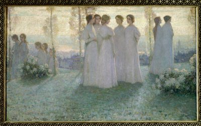 La domenica, donna vestita di bianco che parla in un giardino da Henri Eugene Augustin Le Sidaner
