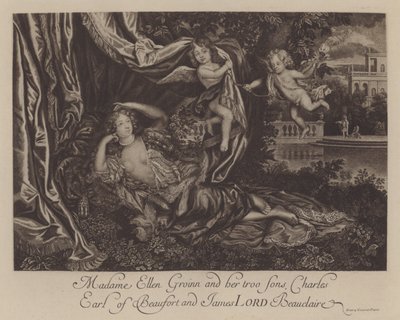 Nell Gwyn e i suoi due figli, Charles, Conte di Burford, e James, Lord Beauclerk (incisione) da Henri Gascar