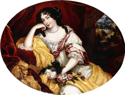 Ritratto di una signora, seduta a tre quarti di lunghezza, con il suo cane davanti a una finestra aperta, un paesaggio italiano oltre da Henri Gascar