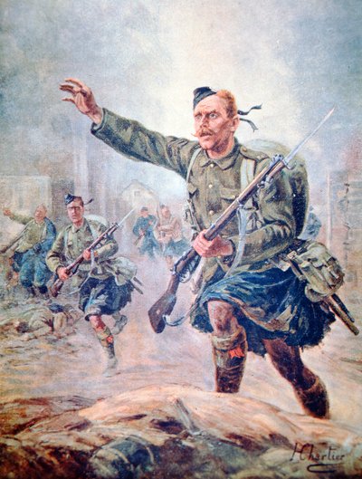 Highlander scozzese che indossa un kilt in battaglia sul fronte occidentale da Henri Georges Jacques (after) Chartier