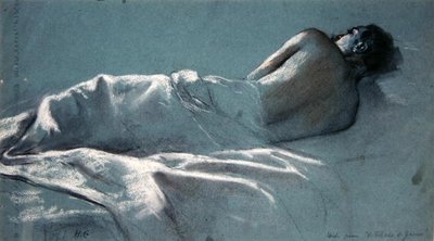 Studio per Le Blesse de Guerre (carboncino con gesso rosso e bianco su carta blu) da Henri Gervex