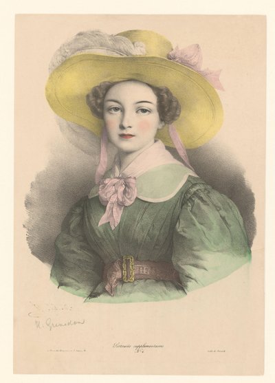 Ritratto di una giovane donna con cappello con piuma e fiocco da Henri Grevedon