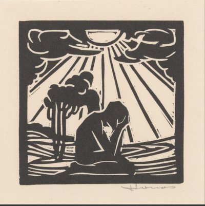 Figura inginocchiata in un paesaggio con alberi da Henri Jonas (signed by artist)