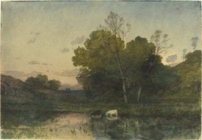 Luce serale su un lago boscoso con bovini che bevono da Henri Joseph Harpignies