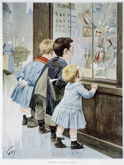 La Tentazione: Bambini davanti a una vetrina che guardano i giocattoli - ill. di Geoffroy, in "Figaro illustrato" da Henri Jules Jean Geoffroy