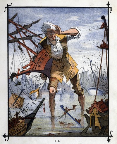 Lemuel Gulliver al centro di una battaglia navale tra le navi di Lilliput e Blefuscu. Illustrazione per 