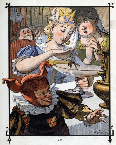 Lemuel Gulliver viene dipinto di un piatto in cui era caduto dalla Regina di Brobdingnag. Illustrazione per 