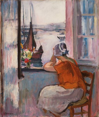 Giovane ragazza alla finestra di fronte all