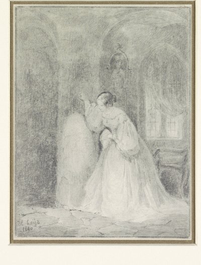 Interno con giovane donna appoggiata a una colonna da Henri Leys (baron)