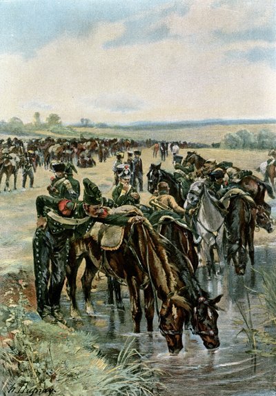 Il colonnello Castex nutre i cavalli prima di una carica da Henri Louis Dupray