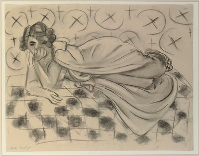 Figura drappeggiata sdraiata su un divano a scacchi nero da Henri Matisse