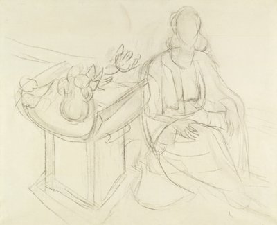 Donna seduta - Natura morta con fiori su un tavolo (carboncino su tela) da Henri Matisse