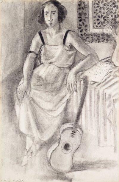 Donna seduta con chitarra, 1921-23 circa (carboncino su carta) da Henri Matisse