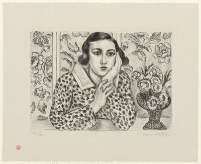 Giovane ragazza appoggiata al paravento fiorito da Henri Matisse