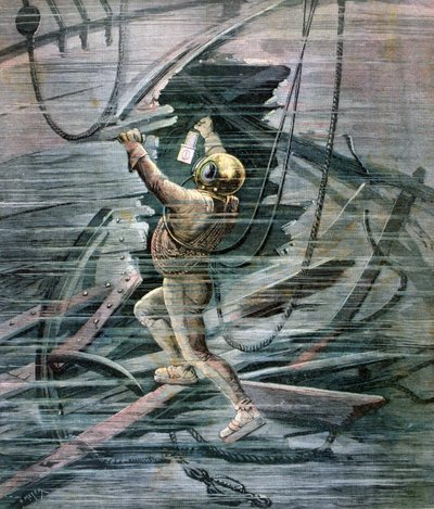 Un subacqueo che cerca un relitto nel porto di La Havre, Francia, 1892 da Henri Meyer
