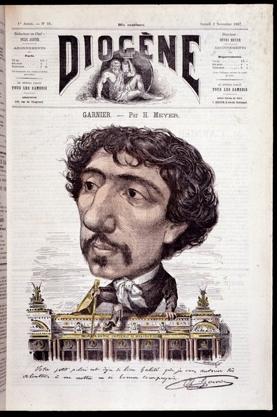 Caricatura di Charles Garnier, seduto sulla sua opera, l