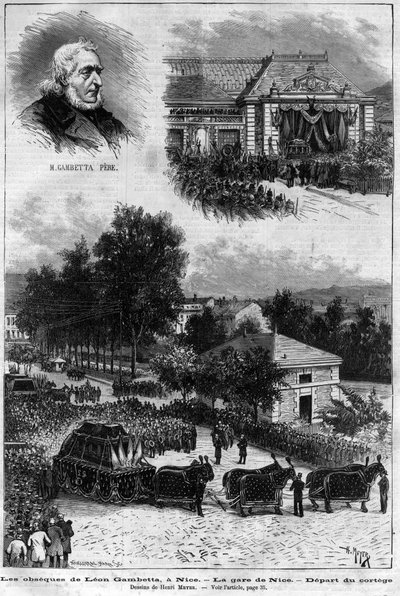 Morte di Léon Gambetta (1838-1882) politico francese - I funerali di Léon Gambetta a Nizza - la stazione di Nizza - partenza del corteo - in 
