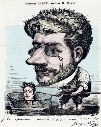 Georges Bizet (1838-1875), compositore francese - Caricatura, con un autografo di Bizet, di Henri Meyer detto Reyem (1844-1899) per "Diogene" da Henri Meyer