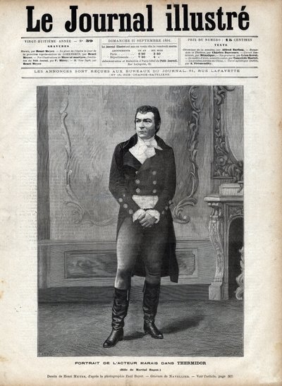 Ritratto di Leon Marais (1853-1891) in "Thermidor" di Victorian Sardou nel ruolo di Martial Hugon - Disegno di Henri Meyer, incisione di Navellier in "The Illustrous Diary" del 1891 da Henri Meyer