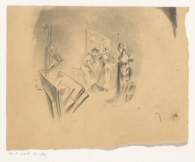 Tre donne che guardano stampe in un atelier da Henri Patrice Dillon (possibly)