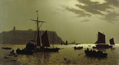Collina del Castello di Scarborough e Porto al chiaro di luna, 1876 da Henri Philippe Neumans