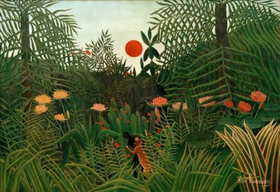 Foresta vergine al tramonto. Black attaccato da un leopardo da Henri Rousseau